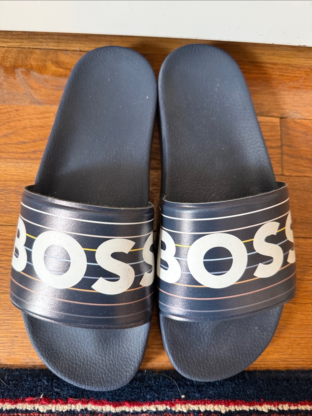 Boss Black Slides with White Logo and Thin Multicolor Stripe Detail